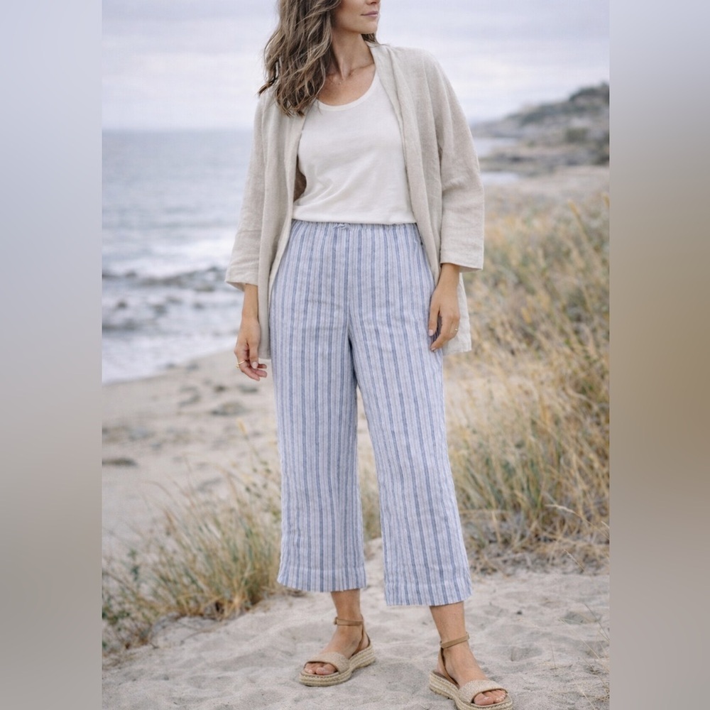 Bryn Walker Saba Linen Pants XL Striped Cropped Wide Leg Coastal